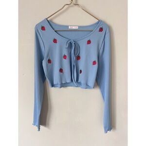 Romwe cottagecore Blue Strawberry Embroidered Tie Front Cropped Cardigan Top L